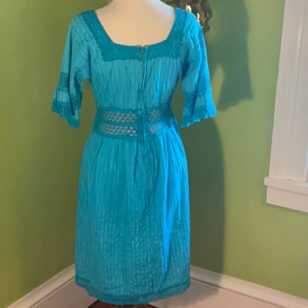 Vintage 70s turquoise Mexican pintucked dress - Picture 4 of 4